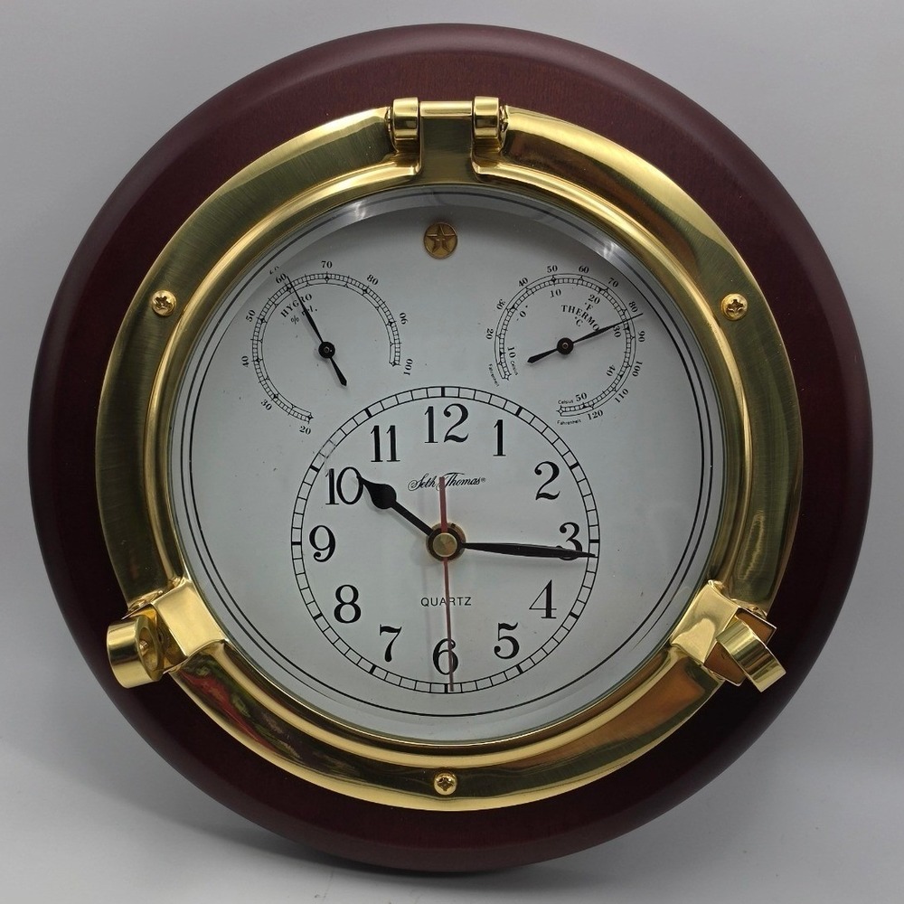 Seth Thomas Meridian 1046 Porthole Wall Clock Brass Wood Nautical Weather Heavy